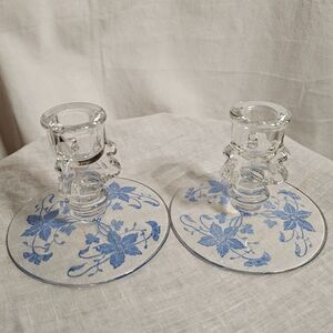 Antique Tiffin Oneida Pattern Glass Candlestick Pair Blue Floral Inlay 1920's